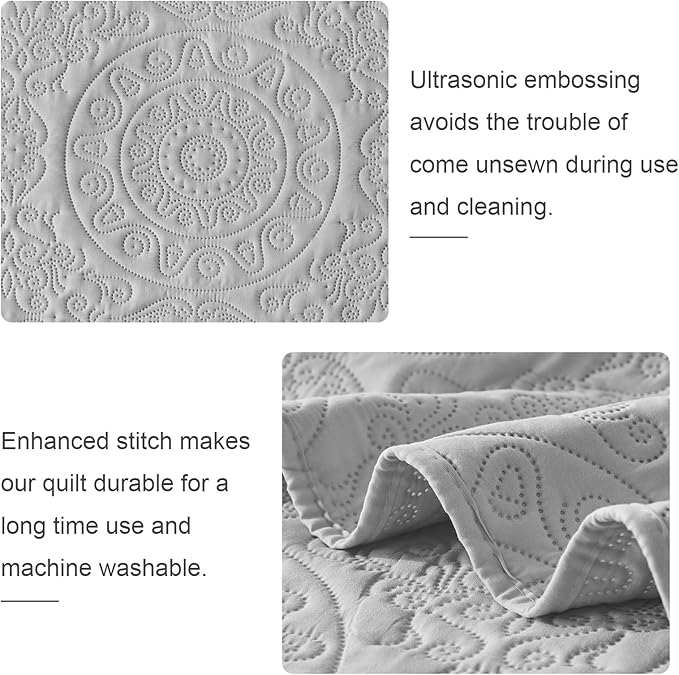 WURUIBO Light Gray Quilt Set Queen Size, Embossing Microfiber Full Bedspreads with Pillow Sham, Ligthweight Breathable Thin Coverlet, Reversible Bedding Set for All Season (1 Quilt, 2 Pillow Shams)