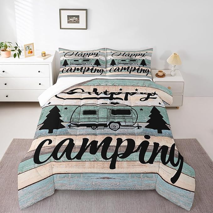 Camper Comforter Twin Size Happy Camping Bedding for Boys Kids Girls Rustic Farmhouse Style Comforter Set, Camper Accessories for Travel Trailers, Camper Must Haves,Teal Blue Vintage Wooden Quilt Set