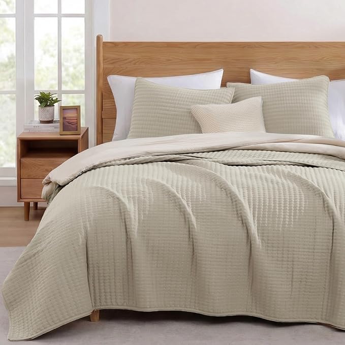 WRENSONGE Queen Quilt-3 Pieces Lightweight Bedspreads Light Oatmeal Queen Size Quilt Bedding Set for All Seasons, Soft Summer Coverlet with 2 Pillow Shams Suitable for Bed & Couch