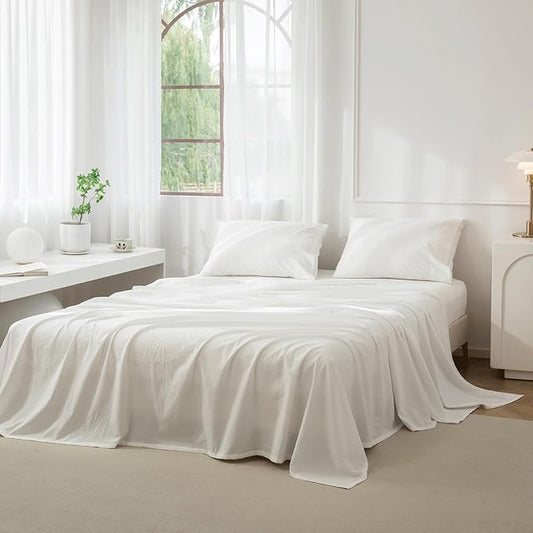 JIYUAN 100% Washed Cotton Sheet Set 4 Pieces Queen,1 Fitted Sheet,1 Flat Sheet and 2 Pillowcases,Comfy and Breathable Linen Like Bedding Set,Off White