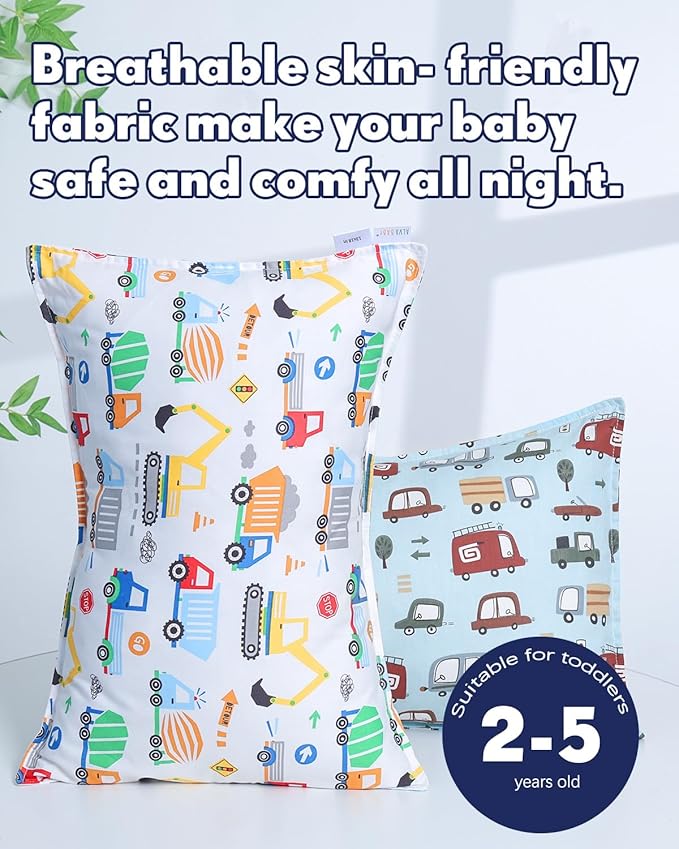 ALVABABY Toddler Pillowcases 2 Pack Organic Cotton Kids Pillow Cover Fit 13"x 18" or 12"x20" Envelope for Girl Boy Sleepy Travel