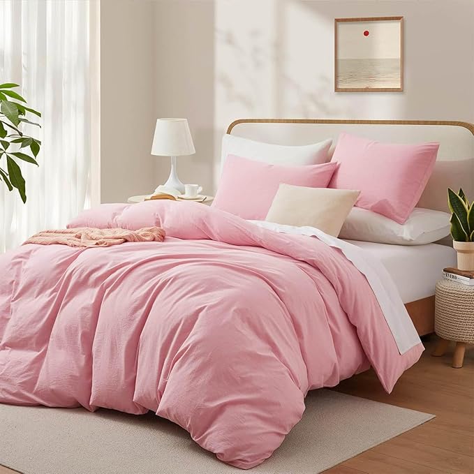 LOVQUE Pink Cotton Duvet Cover Twin Size, Linen Like Natural Bedding Set with Zipper Closure (No Comforter), 68x90 Inches
