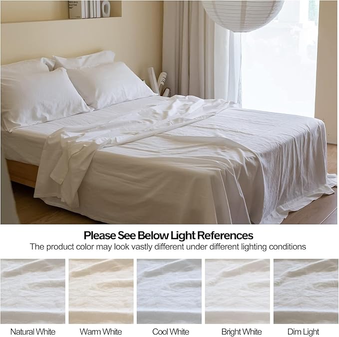 Simple&Opulence Belgian Linen Sheet Set Solid Color - 6 Pieces (1 Flat Sheet & 1 Fitted Sheet & 4 Pillowcases) 16" Deep Pocket Natural Flax Cotton Blended Soft Bedding - White, California King