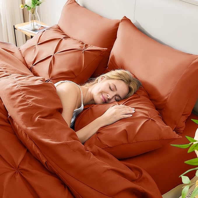 King Comforter Set Burnt Orange, 7 Pieces Pintuck Bed in A Bag King Size Bedding, Soft Bed Set All Season Pinch Pleat Comforter Set with Sheets, Pillowcases & Shams