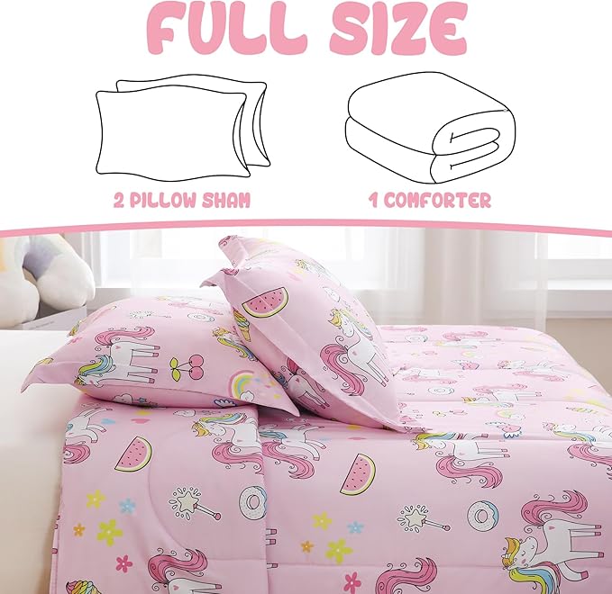 Yibeizi Pink Unicorn Comforter Set for Girls Full Size, Kids Rainbow Sweet Printed Bedding Set with Pillow Sham, Cute Lightweight Soft Breathable Machine Washable Quilted Bed Comforter Set 3 Piece
