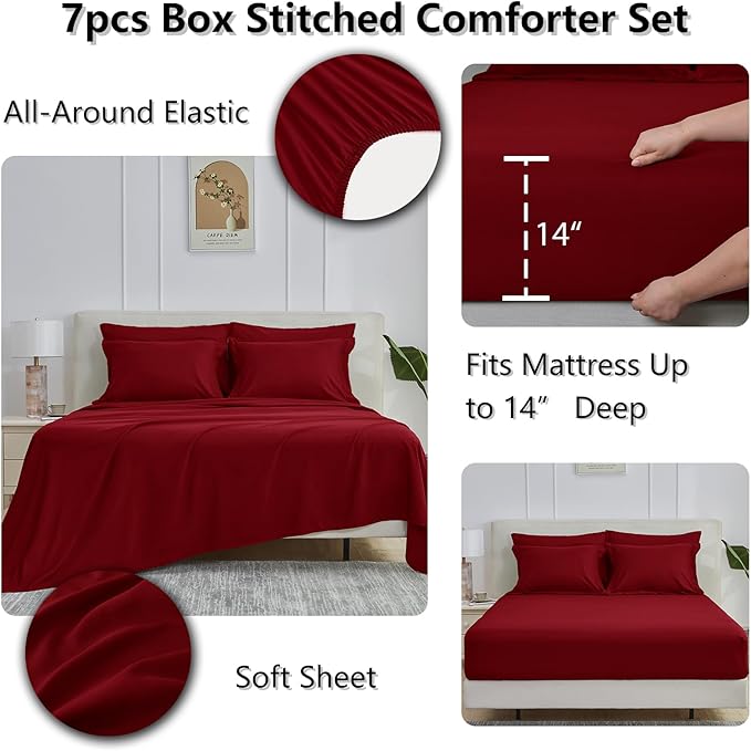 CozyLux Full Size Comforter Sets Dark Red - 7 Pieces Bed in a Bag Full, Oeko-Tex Certified Bed Set, All Season Soft Bedding Set with Down Alternative Comforter, Sheets, Pillowcases & Pillow Shams