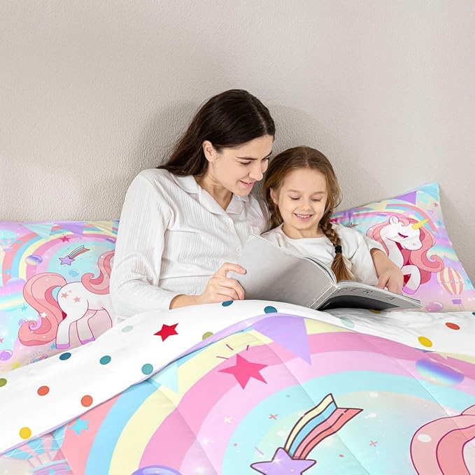 Erosebridal Unicorn Full Bedding Sets for Girls Cute Rainbow Unicorn Comforter Set Bedroom Decor for Girls Kids Horse Duvet Set Ombre Bedding Stars Magical Animal Down Comforter Reverse 3Pcs
