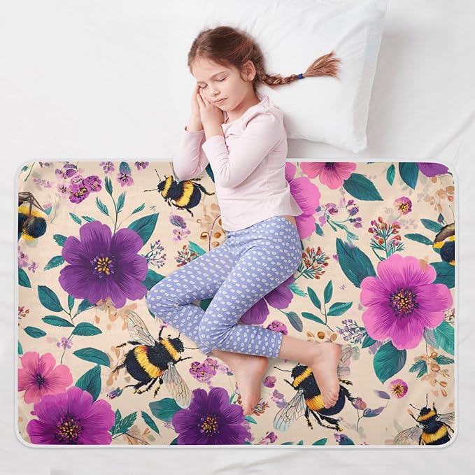 Waterproof Bed Pad Reusable Changing Pad Toddler Mattress Protector Large Pee Pad Baby Diaper Pad Soft Washable Liner Beige Bees and Colorful Flowers