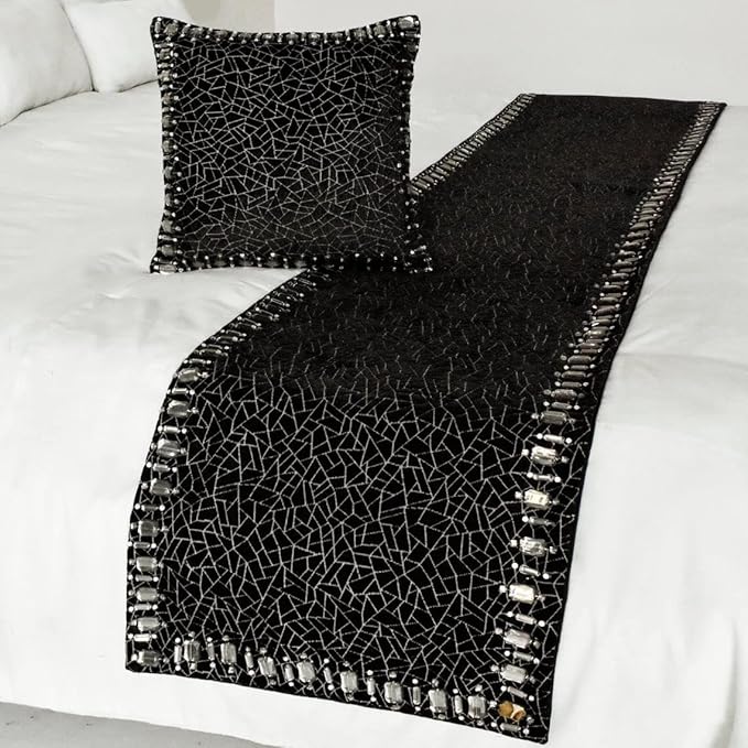 The HomeCentric King/Queen/Twin Black Decorative King 90"x18" Bed Runner with 2 Pillow Cover, Mosaic & Crystal Bed Scarf on Velvet Fabric - Mosaic Noir
