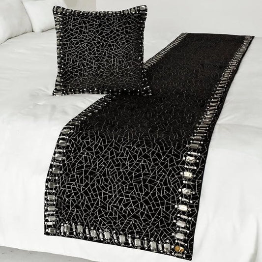 The HomeCentric King/Queen/Twin Black Decorative Full 68"x18" Bed Runner with Pillow Cover, Mosaic & Crystal Bed Scarf on Velvet Fabric - Mosaic Noir
