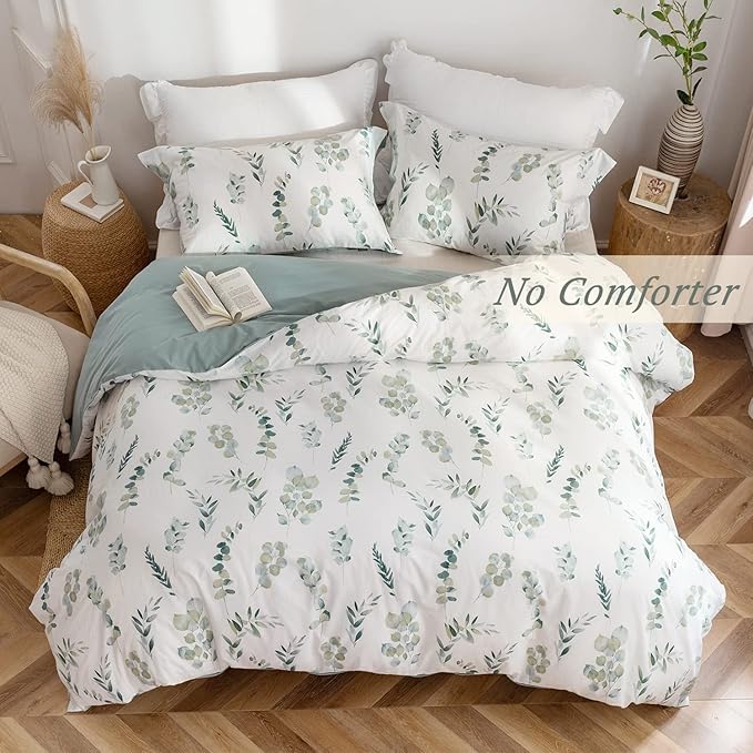MILDLY Duvet Cover Full Size - 100% Washed Cotton Sage Green Eucalyptus Reversible Floral Duvet Cover Set 3 Pieces with Zipper Closure Corner Ties