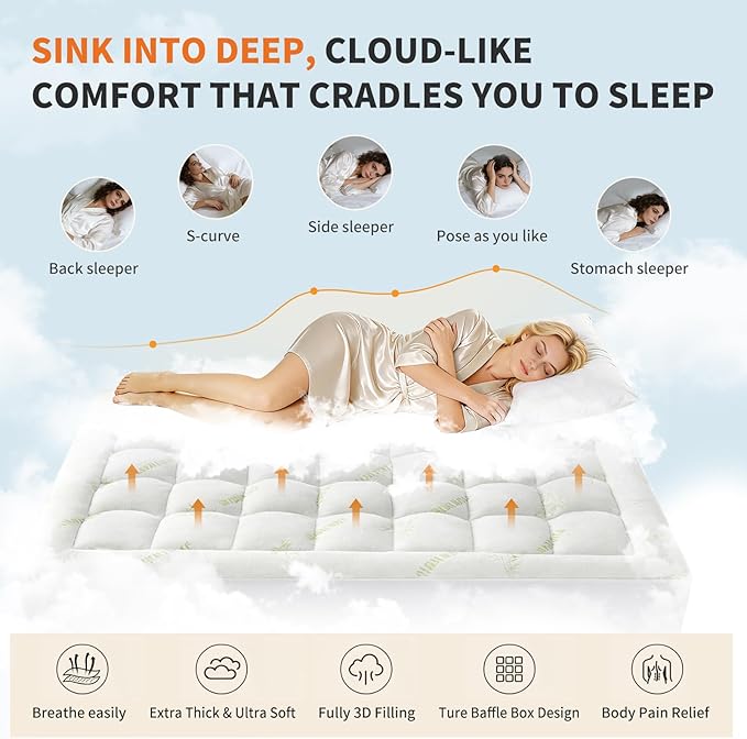 Sweetcrispy Ultra Soft Mattress Topper Twin XL Size - Viscose Made from Bamboo Pillow Top Mattress Pad for Breathable Cooling & Back Pain Relief, Deep Pocket Comfort Bed Topper, Green