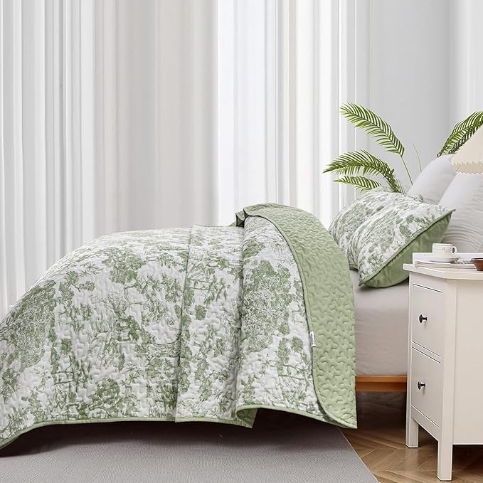 WONGS BEDDING Botanical Quilt Set California King Size, Sage Green 3 Pieces Toile Floral Plants Printed Bedspread Bedding Set Soft Lightweight Microfiber Coverlet Set for All Season (112"×96")