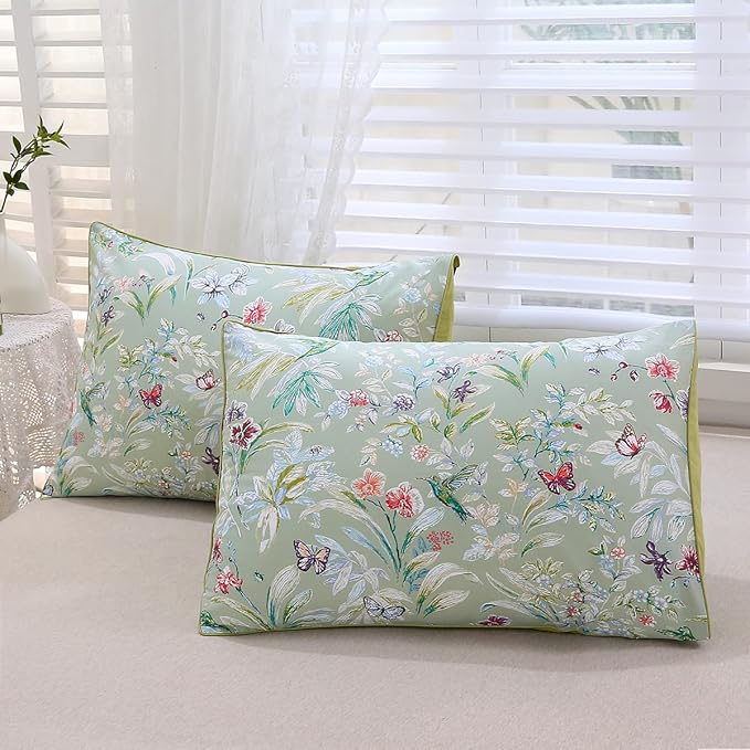 URBONUR Green Floral Duvet Cover Set Queen Size 100% Egyptian Cotton Bedding Set Farmhouse Butterfly Print Comforter Cover with Button Closure (3Pcs, Queen)
