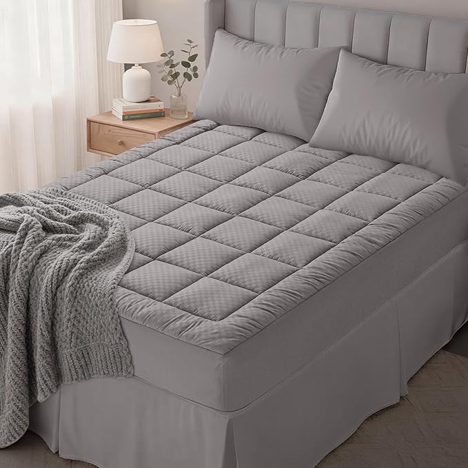 OLANLY Twin XL Quilted Fitted Mattress Pad, Elastic Fitted Mattress Topper, Cooling Soft Mattress Cover Stretches up to 21 Inches Deep, Machine Washable Mattress Protector (39x80 inch, Light Grey)