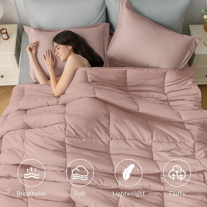 JOLLYVOGUE California King Comforter Set, Ultra-Soft Bed in a Bag Cal King Size 7 Pieces, Oeko-TEX Certified Bedding Set With Down Alternative Comforter, Sheets, Pillowcases & Shams, Pink & Light Grey