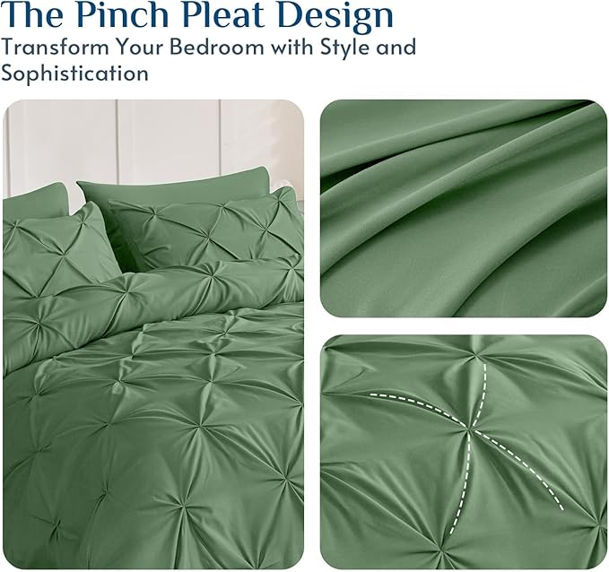 JOLLYVOGUE Queen Comforter Set 7 Pieces - Bed in a Bag Queen for All Season, Pintuck Bedding Comforter Sets with Comforter, Flat Sheet, Fitted Sheet and Pillowcases & Shams, Green