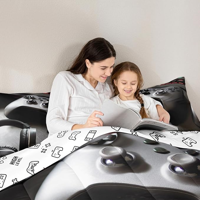 Feelyou Gaming Bedding Set Boys Game Controller Comforter for Kids Girls Teens Modern Gamer Headset Comforter Set Youth Gaming Console Video Game Decor Duvet Set with 2 Pillow Case Full Size Black