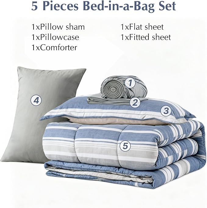 Twin XL Comforter Set Striped, Sea Blue Bedding Set 5 Pieces for Boys Girls Teen, All Season Bed in a Bag for Dorm with Sheets, Pillowcase & Sham