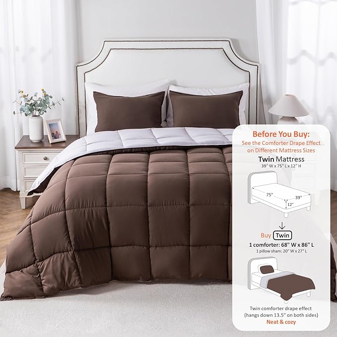 KASENTEX Twin/Twin XL Comforter Set – Reversible Dual Color – Goose Down Alternative – Ultra-Soft, Lightweight, Machine Washable, Maintain Fluffiness, All Season Warmth (Silver Cloud/Chocolate Brown)