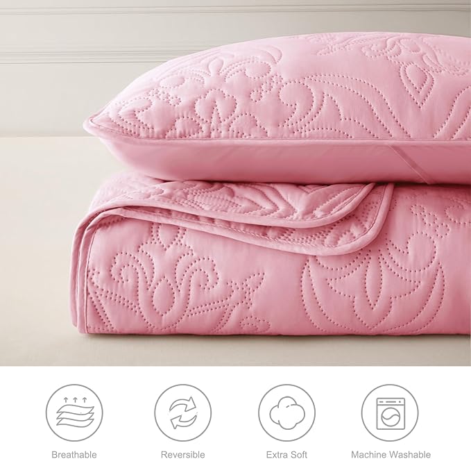 Whale Flotilla Soft Twin Quilt Bedding Set for All Seasons, Elegant Vintage Damask Ultrasonic Quilts Set, Lightweight Reversible Bedspread, Coverlet, Bed Cover with 1 Pillow Sham, Pink