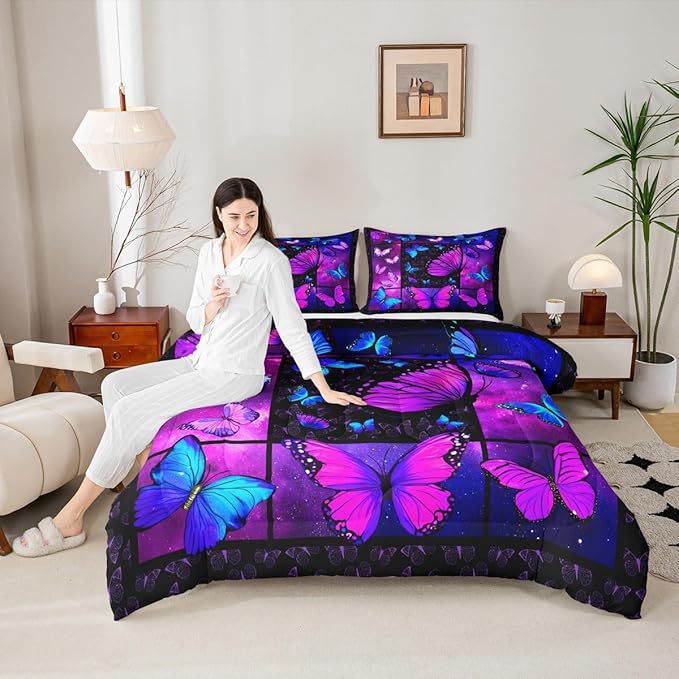 Erosebridal Butterfly Comforter Set Starry Sky Galaxy Comforter Blue Purple Butterfly Bedding Sets Twin for Kids Girls Teens Women Bed,Aesthetics Butterflies Quilt Duvet Set 1 Pillow Case Room Decor