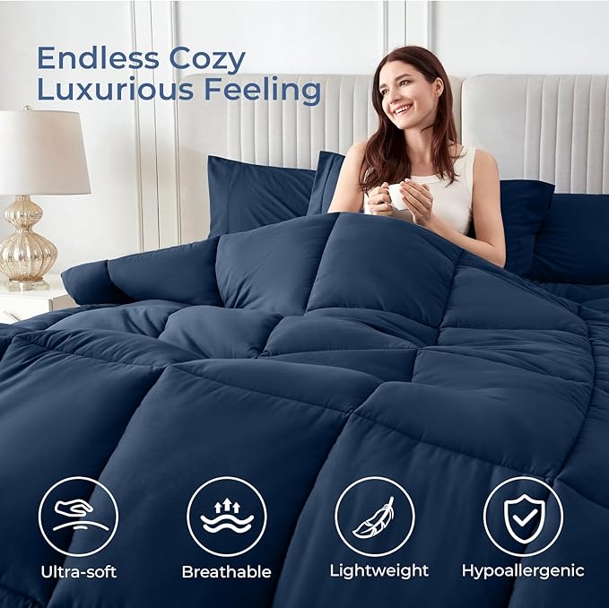 Sasttie Oversized King Comforter Set, 7 Pieces Extra Large Bed in a Bag, Complete Bedding Set Includes 120''x98'' Comforter, Flat Sheet, Fitted Sheet, Pillowcases and Pillow Shams, Navy