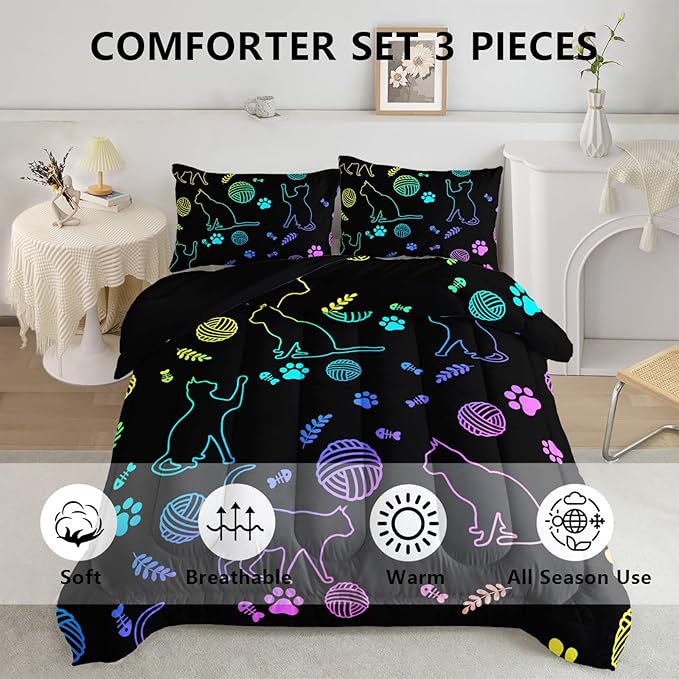 Black Cat Bedding Cartoon Cat Comforter Set Queen,Neon Cat Paw Ball of Yarn Printed Kids Bedding for Cat Lover Boys Girls Adults Room Decor,Kids Comforter,1 Quilt 2 Pillow Cases,Neon Color Purple Blue