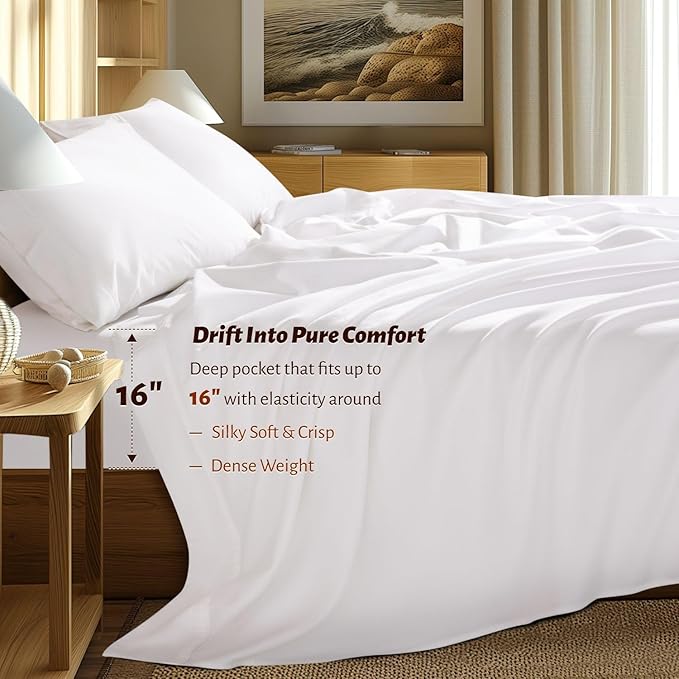 Shilucheng 100% Egyptian Cotton Queen Size Sheets Set - 1000 Thread Count，Luxury Cotton Bed Sheets，Breathable & Cooling Bedding and Pillow Cases, 16 Inch Deep Pocket - 4 Piece (White, Queen)