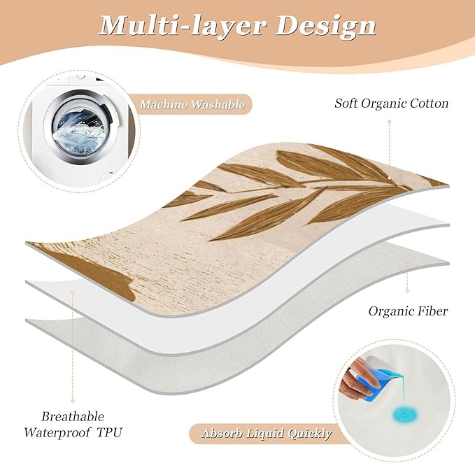 Waterproof Bed Pad Reusable Changing Pad Toddler Mattress Protector Large Pee Pad Baby Diaper Pad Soft Washable Liner Vintage Boho Brown Plant