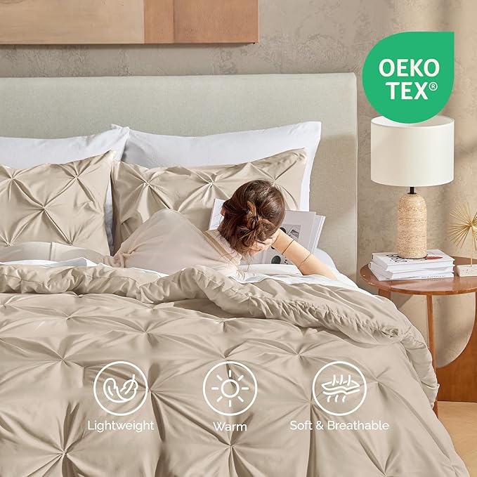 Andency Khaki Pinch Pleat Comforter Queen(90x90Inch), 3 Pieces(1 Pintuck Comforter and 2 Pillowcases) Pintuck Comforter Set, Microfiber All Season Down Alternative Bedding Set
