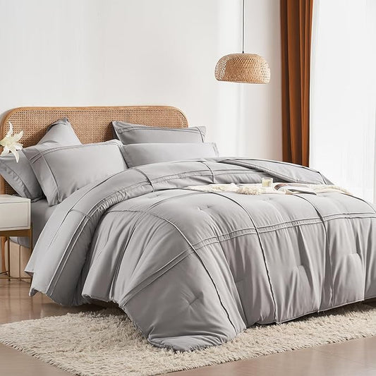 Yogeneg King Size Comforter Set 7 Piece Bed in a Bag,Grid Pinch Pleat Grey Bedding Set,Striped Textured Soft Microfiber Comforter with Sheet Set,All Season Complete Bed Set(Grey,King)