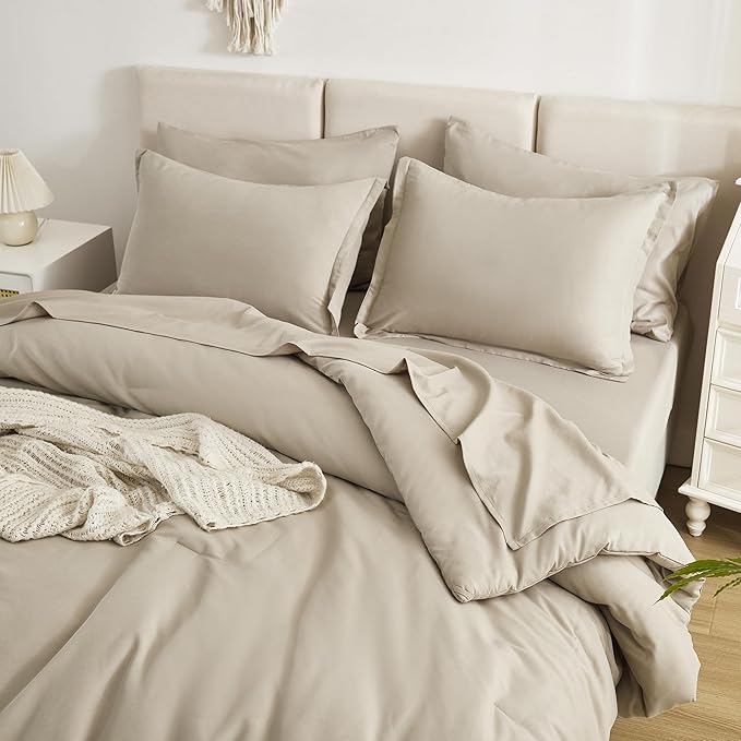 Litanika Oversized King Comforter Sets Oatmeal - 7 Pieces Bed in a Bag Oversized King Bedding Comforter Sets, Solid Lightweight Bed Set with Comforter, Sheets, Pillowcases & Shams