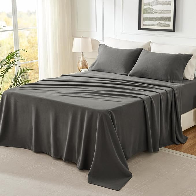 Love's cabin Fleece Queen Sheet Set - 4 Pcs Dark Grey Winter Soft Plush Polar Fleece Bed Sheets Set with 16" Deep Pocket,Cozy Warmth for Cold Season(1 Flat Sheet,1 Fitted Sheet,2 Pillow Cases)