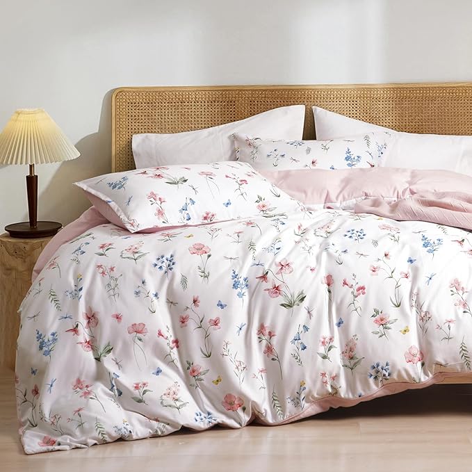 PHF Ultra Soft Floral Duvet Cover Queen Size, Printed Bedding Set 3 Pieces, Comfy Durable Farmhouse Duvet Cover Set with 2 Pillow Shams, Zipper Closure and 8 Ties, 90"x90", White & Pink