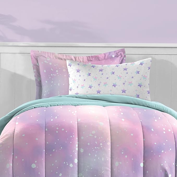 Dream Factory Kids 5-Piece Complete Bed Set Easy-Wash Super Soft Microfiber Comforter Bedding, Twin, Pink Twilight Galaxy Stars