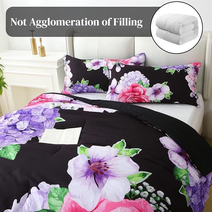 Floral Comforter Set Queen Size, 3 Pieces Elegant Black Floral Bed in a Bag, Soft Microfiber Botanical Flower Bedding Set with 2 Pillowcases for All Season 90"×90"