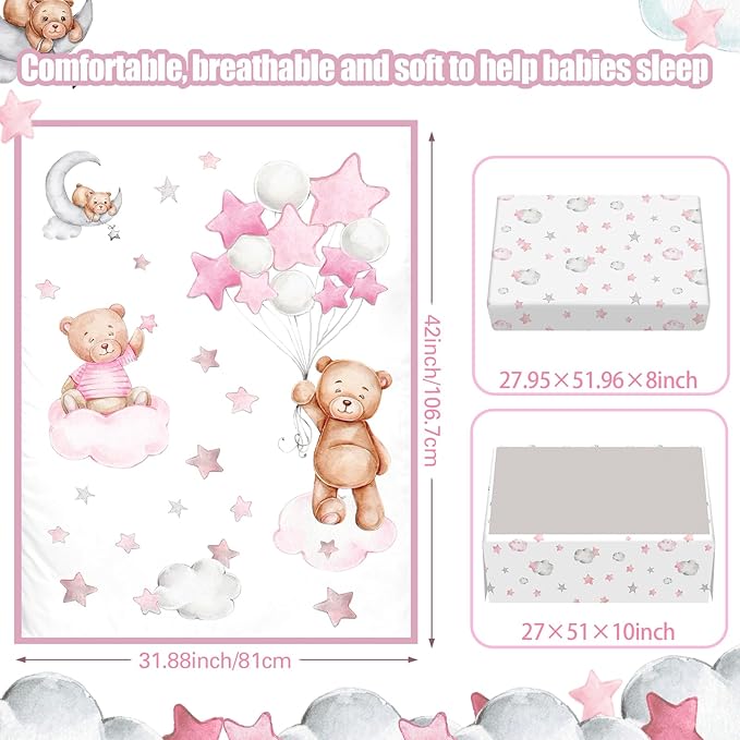 Mixweer 5 Pcs Crib Bedding Set for Toddlers Include Cloud Balloon Bear Theme Crib Sheets, Skirt, Comforter, Pad Cover, Wall Stickers for Boys or Girls Nursery Bedding Sets(Pink)