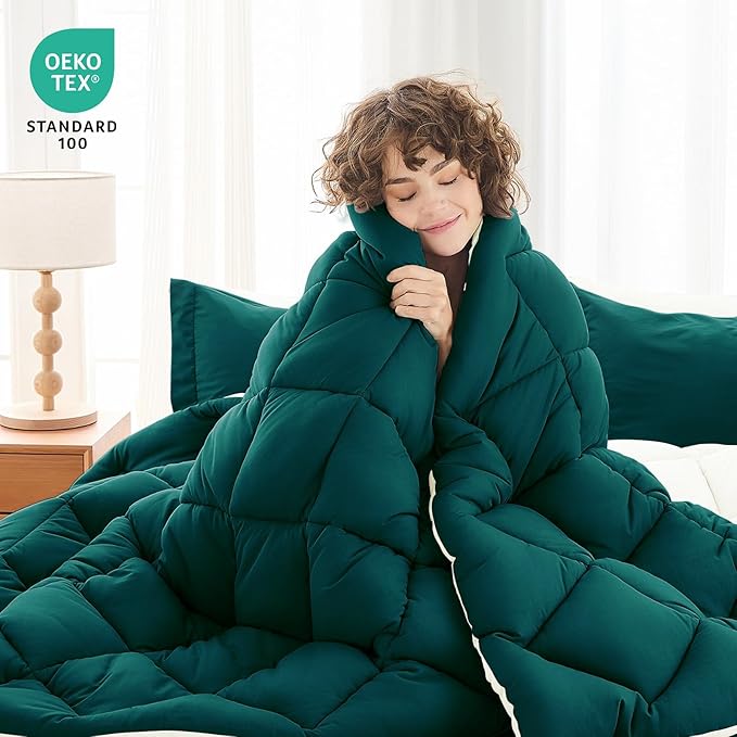 MUXHOMO 7 Pieces Full Comforter Set, Reversible Bed in a Bag Full Size, All Season Bedding Set with Comforter, Flat Sheet, Fitted Sheet, Pillowcases & Shams, Peacock Blue & Ivory