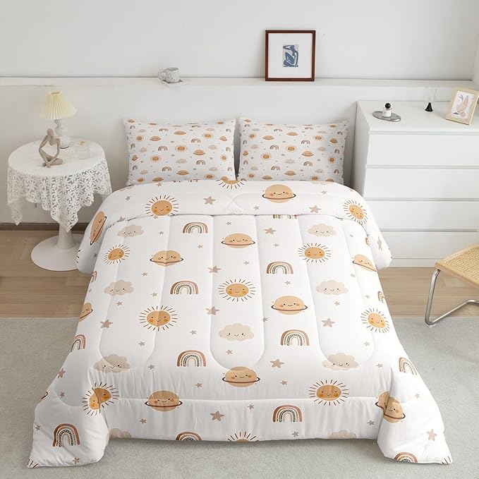 Erosebridal Girls Rainbow Comforter Set Kids Sun and Stars Quilt Queen Children Kawaii Planets Clouds Comforters & Sets Girly Cartoon Theme Bedding Set Iridescent Print Down Comforter + 2 Pillowcases