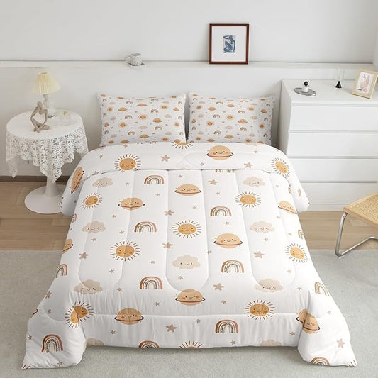 Erosebridal Girls Rainbow Comforter Set Kids Sun and Stars Quilt Queen Children Kawaii Planets Clouds Comforters & Sets Girly Cartoon Theme Bedding Set Iridescent Print Down Comforter + 2 Pillowcases