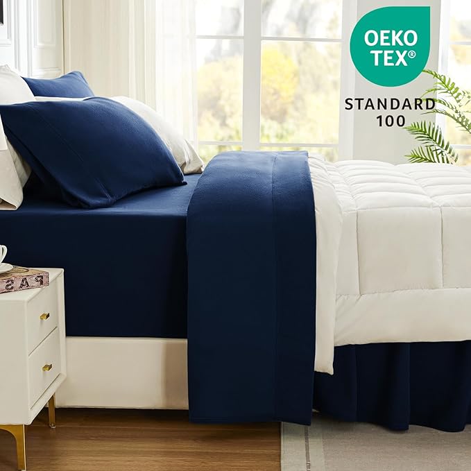 Love's cabin Fleece Full Sheet Set - 4 Pcs Dark Blue Super Soft Plush Polar Fleece Bed Sheets Set with 16" Deep Pocket,Cozy Warmth for Cold Season(1 Flat Sheet,1 Fitted Sheet,2 Pillow Cases)
