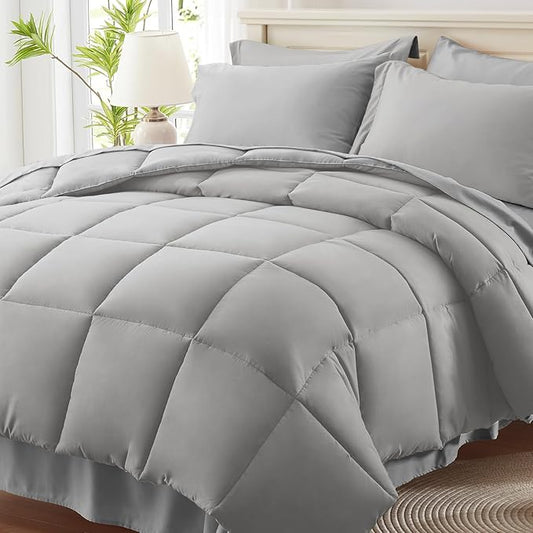 Anluoer California King Size Bed in a Bag 7 Pieces,Light Grey Cal King Comforter Set with Sheets,All Season Bedding Sets with Comforter,Pillow Shams,Pillowcases,Flat Sheet,Fitted Sheet