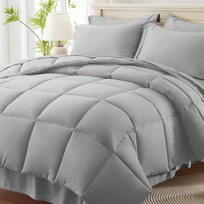 Anluoer Full Comforter Set 7 Piece, Light Grey Bed in a Bag with Comforters, Pillow Shams, Pillowcases, Flat Sheet, Fitted Sheet