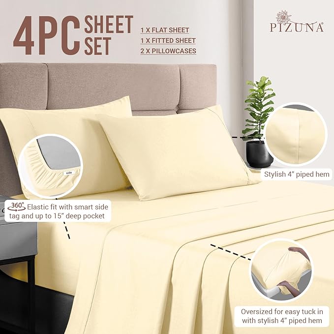 Pizuna Pure 100% Cotton Sheets California King Size, Luxurious 400 Thread Count Long Staple Cotton Sateen Sheets with 15" Deep Pocket (Combed Ivory Sheet California King)
