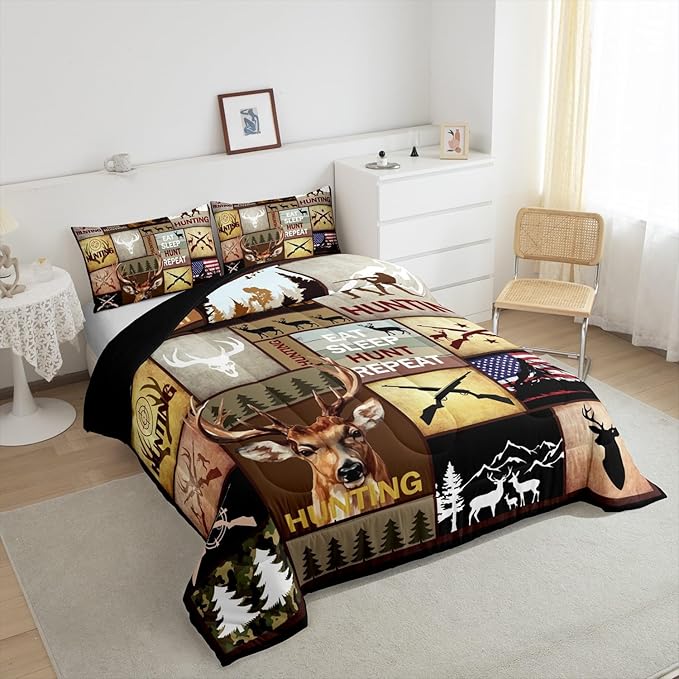 Feelyou Kids Hunting Bedding Set Queen Size, Deer Hunting Comforter Set Boys Girls Deer Antlers Comforter Hunting Gifts Duvet Insert Kids Room Decor with 2 Pillow Case