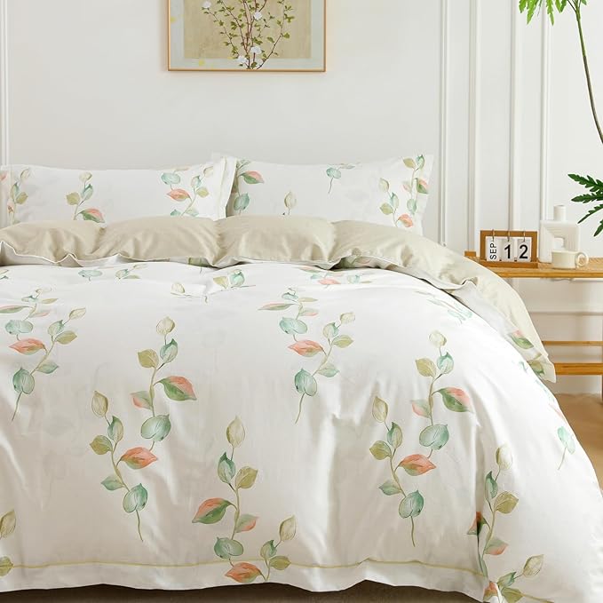OAITE Duvet Cover Set Queen Size Floral Pattern Ultra Soft 100% Cotton Duvet Cover Sets 3-PC, Breathable Duvet Cover with Zipper Closure & Corner Ties(2 Pillow Shams,1 Duvet Cover)