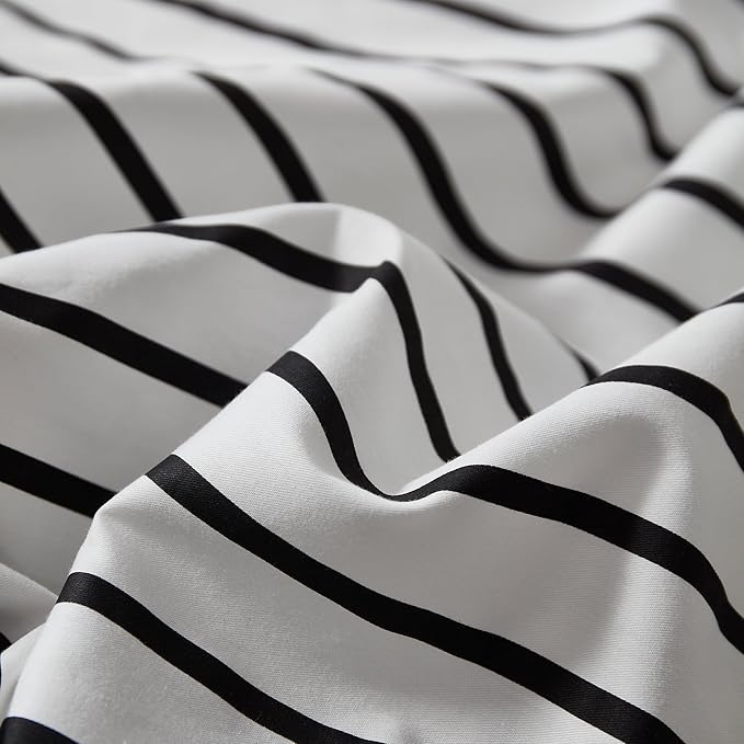 JELLYMONI 100% Natural Cotton 2pcs Striped Duvet Cover Sets, White Duvet Cover with Thick Black Stripes Pattern Printed Comforter Cover, with Zipper Closure & Corner Ties(Twin Size)