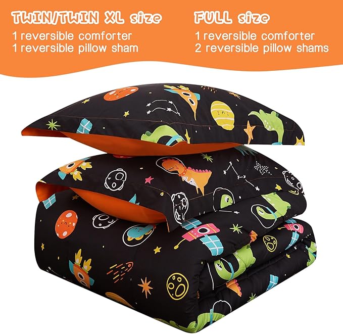 Yibeizi Space Dinosaur Kids Comforter Set for Boys Full Size, Cute Quilted Black Printed Bedding Set with Pillow Sham, Lightweight Soft Breathable Washable Bed Set 3 Piece