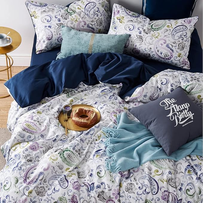 Cupocupa Duvet Cover Set, King, Microfiber, White Paisley Pattern, Boho Floral, 3 Pcs